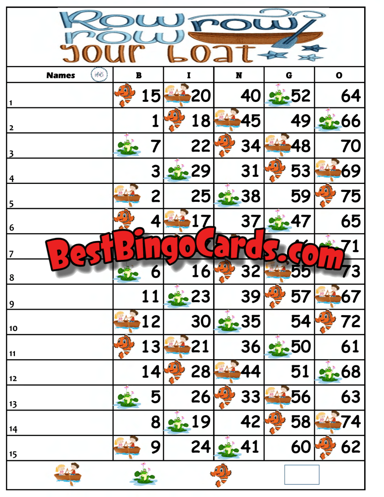 Bingo Boards 1-15 Line - Row Your Boat Straight Mixed 75 Ball Sets