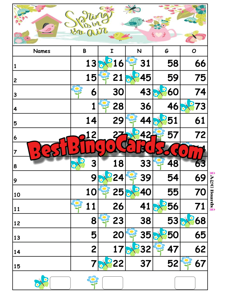 Bingo Boards 1-15 Line - Spring In The Air- Straight Mixed 75 Ball Sets