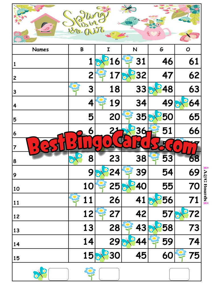 Bingo Boards 1-15 Line - Spring In The Air- Straight Mixed 75 Ball Sets