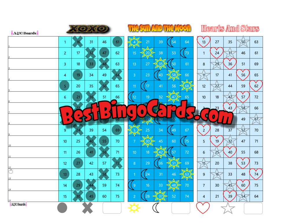 Bingo Boards 1-15 Line Triple - 3 Game On Xoxo Mixed 75 Ball Sets