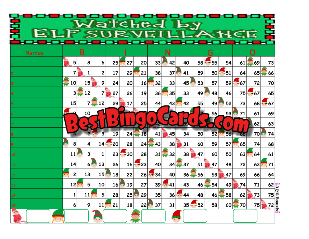 Bingo Boards 1-15 Line Triple - Elf Surveillance Mixed 75 Ball Sets