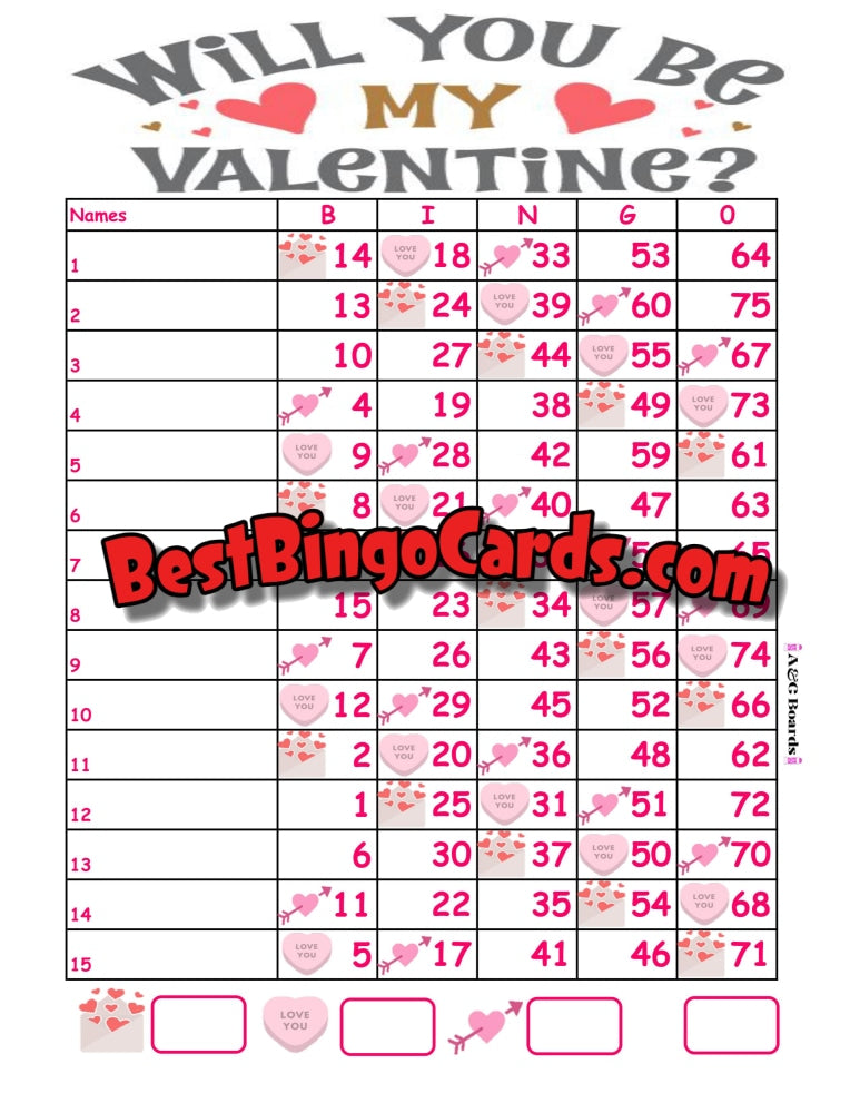 Bingo Boards 1-15 Line - Will You Be My Valentine Straight Mixed 75 Ball Sets