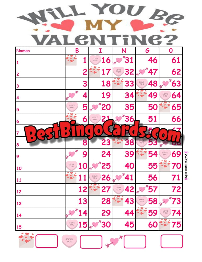 Bingo Boards 1-15 Line - Will You Be My Valentine Straight Mixed 75 Ball Sets
