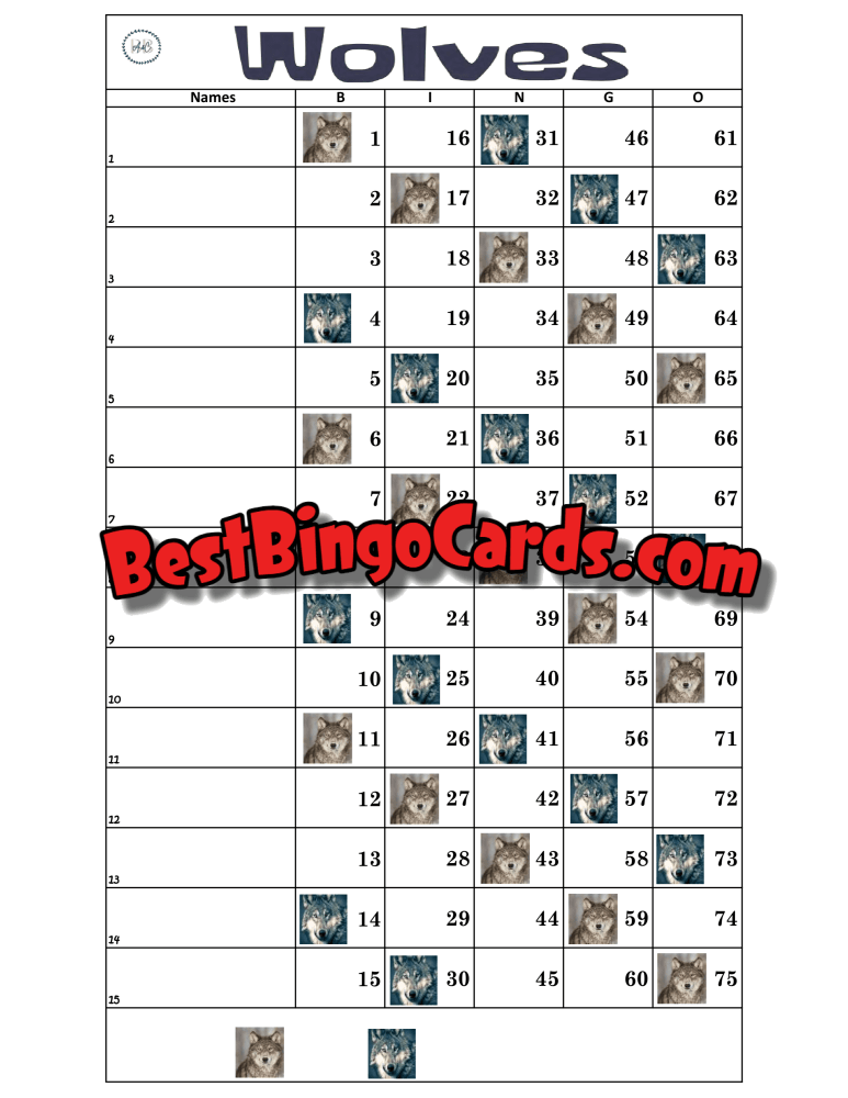 Bingo Boards 1-15 Line - Wolves Straight Mixed 75 Ball Sets
