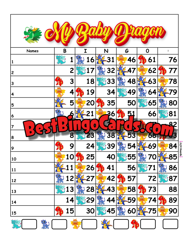 Bingo Boards 1-15 Lines - Baby Dragon Straight Mixed 90 Ball Sets