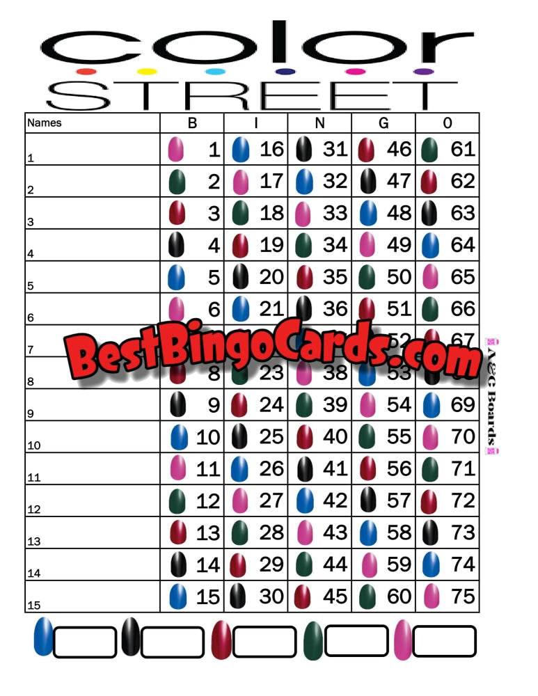 Bingo Boards 1-15 Lines - Color Street Straight Mixed 75 Ball Sets