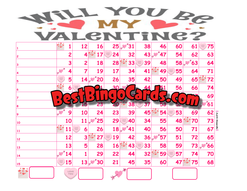 Bingo Boards 1-15 Lines Double - Will You Be My Valentine Straight Mixed 75 Ball Sets