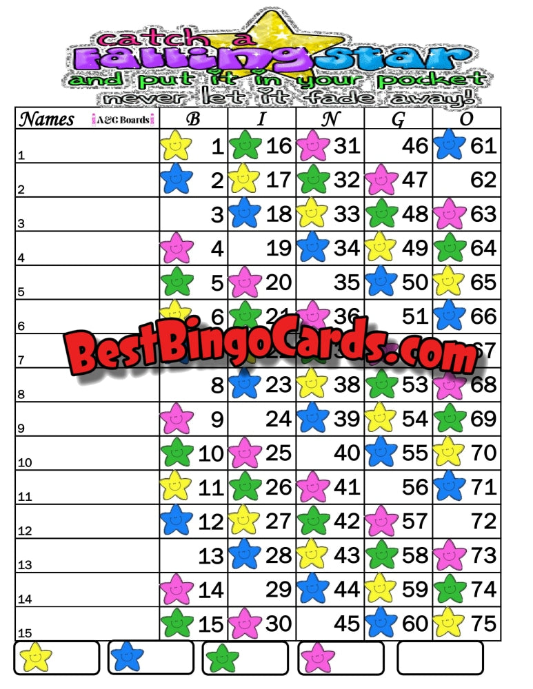 Bingo Boards 1-15 Lines - Falling Star Straight Mixed 75 Ball Sets