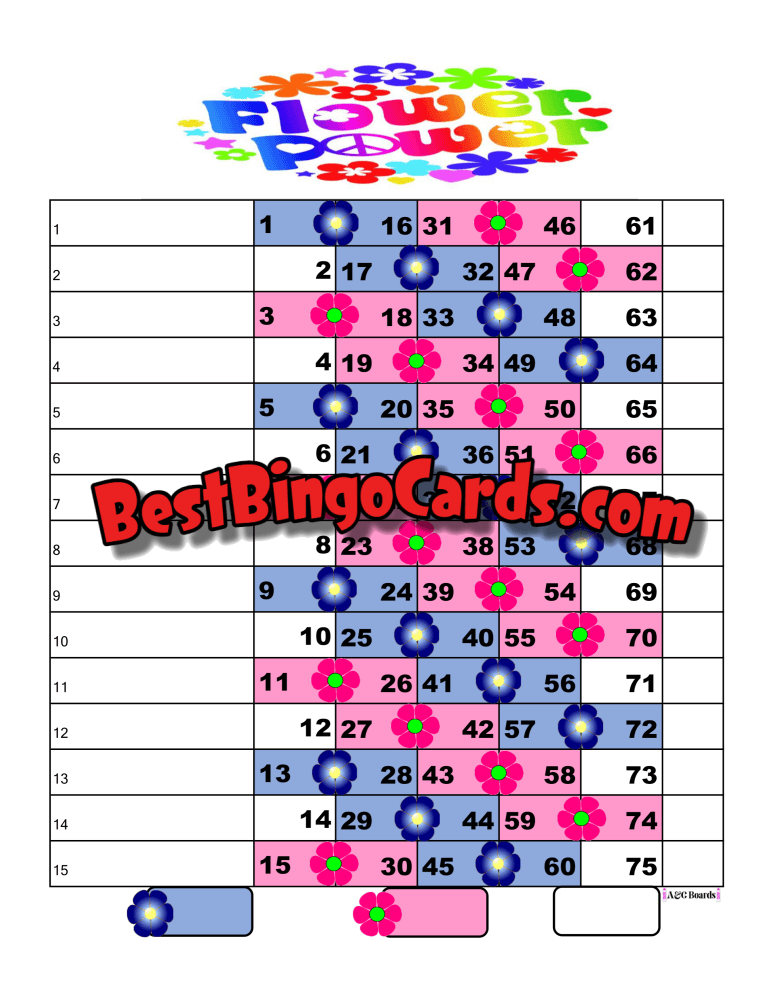 Bingo Boards 1-15 Lines - Flower Power Straight Mixed 75 Ball Sets