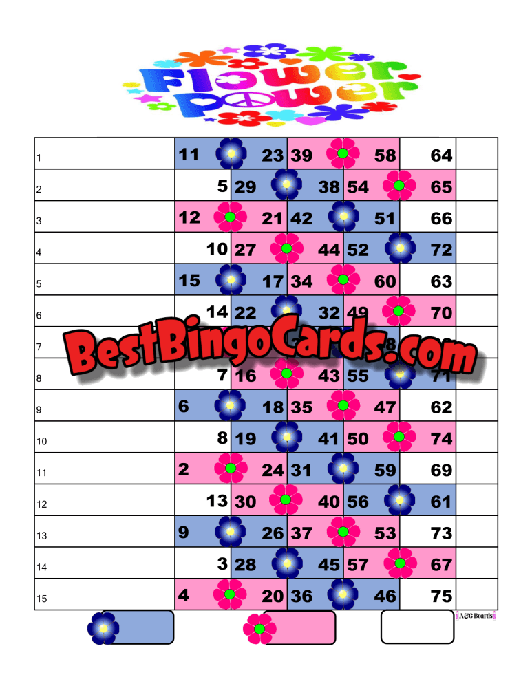 Bingo Boards 1-15 Lines - Flower Power Straight Mixed 75 Ball Sets