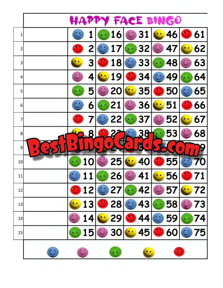 Bingo Boards 1-15 Lines - Happy Face Straight Mixed 75 Ball