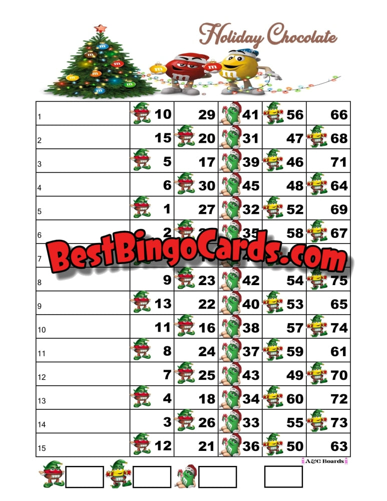Bingo Boards 1-15 Lines - Holiday Chocolate Straight Mixed 75 Ball Sets