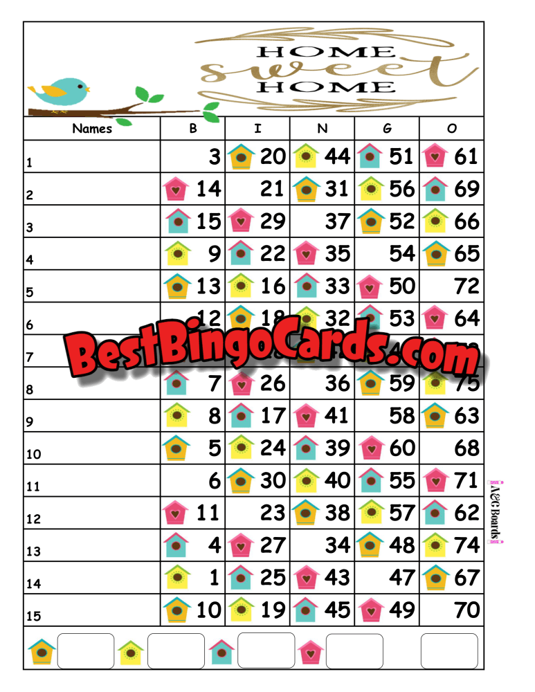 Bingo Boards 1-15 Lines - Home Sweet Straight Mixed 75 Ball (Houdini) Sets