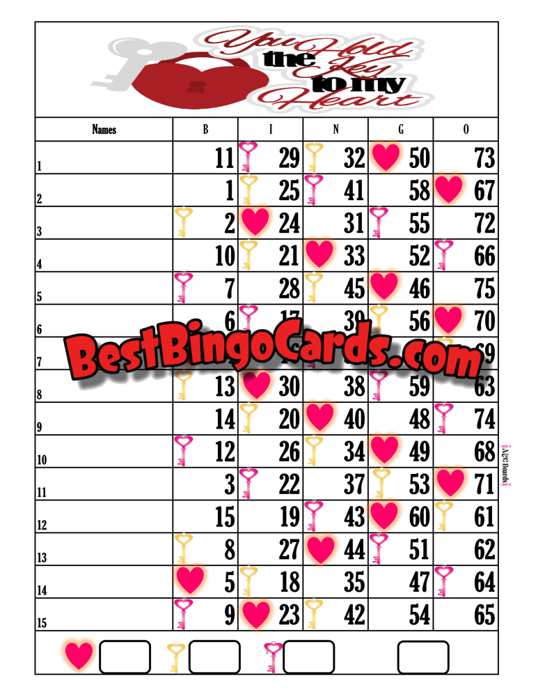 Bingo Boards 1-15 Lines - Key To My Heart Straight Mixed (Houdini) 75 Ball Sets