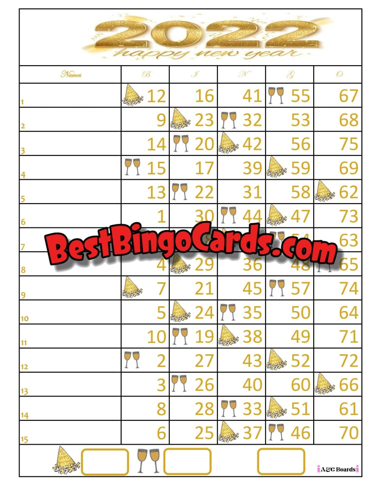 Bingo Boards 1-15 Lines - Nye 2022 Straight Mixed 75 Ball Sets