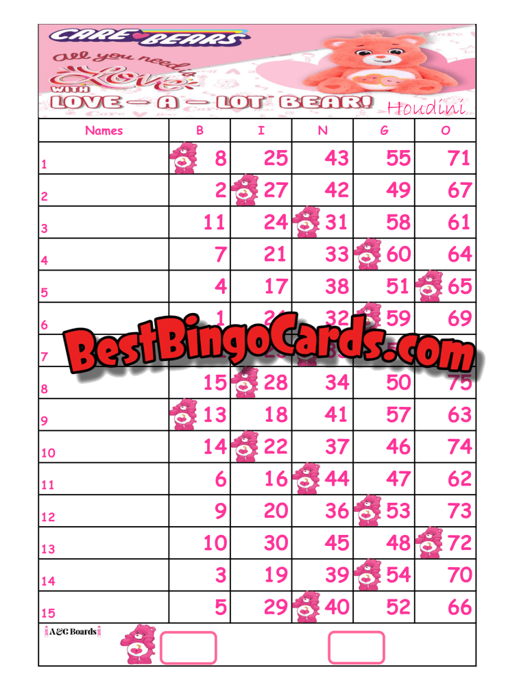 Bingo Boards 1-15 Lines - Pink Bear Straight Mixed (Houdini) 75 Ball Sets