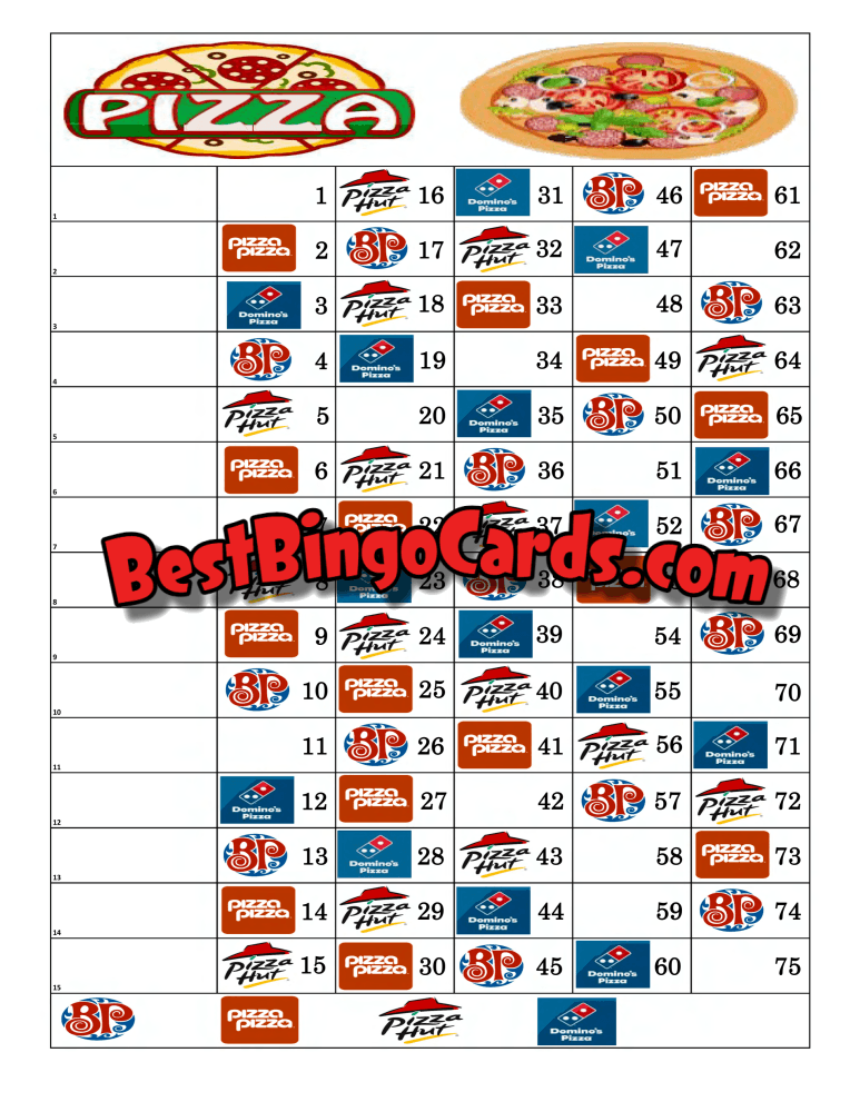 Bingo Boards 1-15 Lines - Pizza Straight Mixed 75 Ball Sets