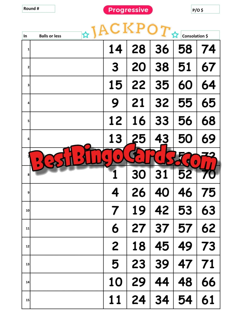 Bingo Boards 1-15 Lines - Progressive Jackpot 10 Pack Mixed 75 Ball Bingo Sets
