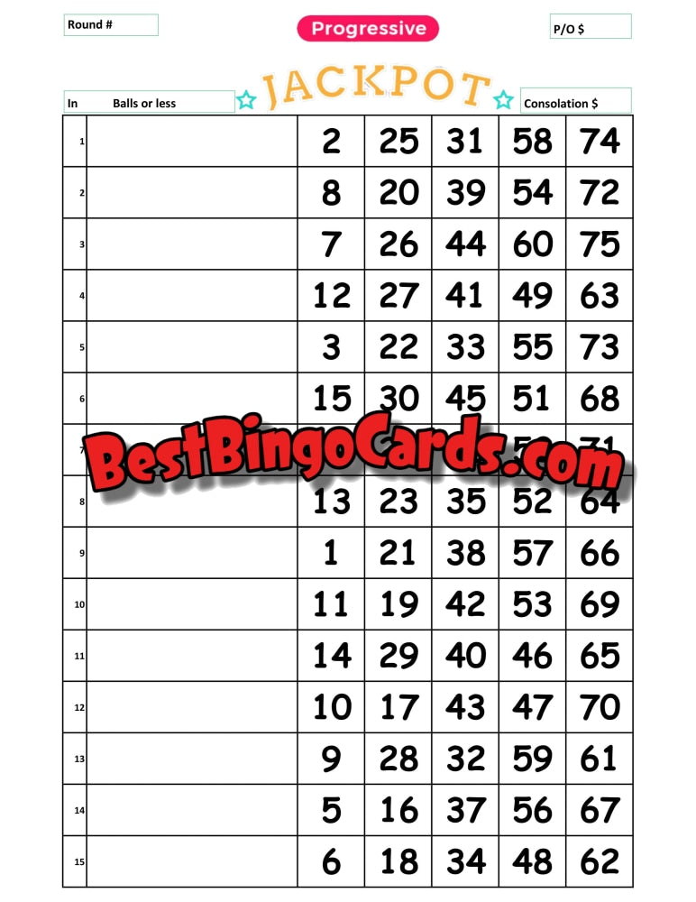 Bingo Boards 1-15 Lines - Progressive Jackpot 10 Pack Mixed 75 Ball Bingo Sets