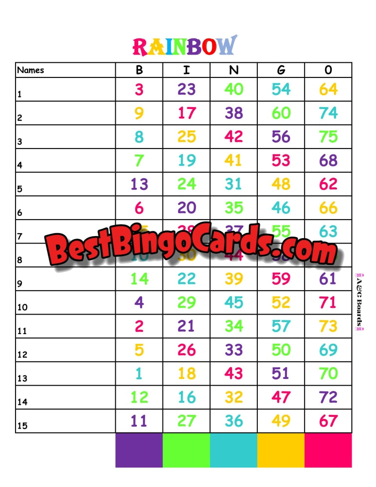 Bingo Boards 1-15 Lines - Rainbow Numbers 10 Pack Mixed 75 Ball Bingo Sets