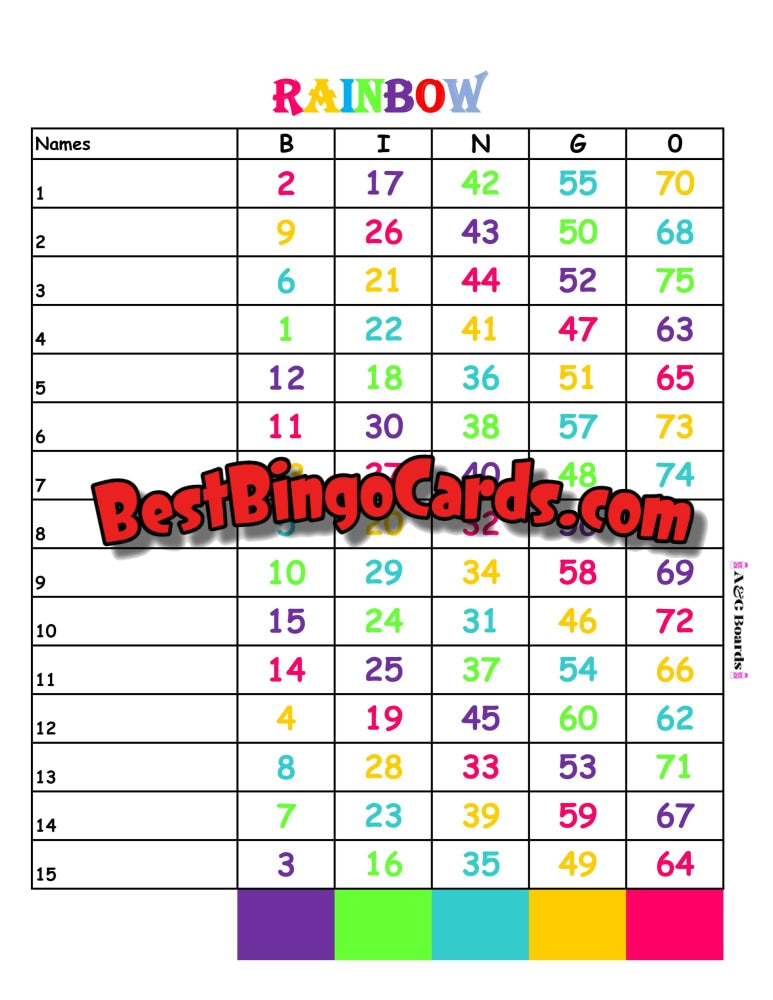 Bingo Boards 1-15 Lines - Rainbow Numbers 20 Pack Mixed 75 Ball Bingo Sets