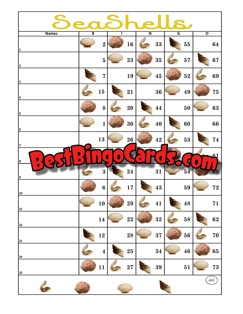 Bingo Boards 1-15 Lines - Seashells Straight Mixed 75 Ball Sets