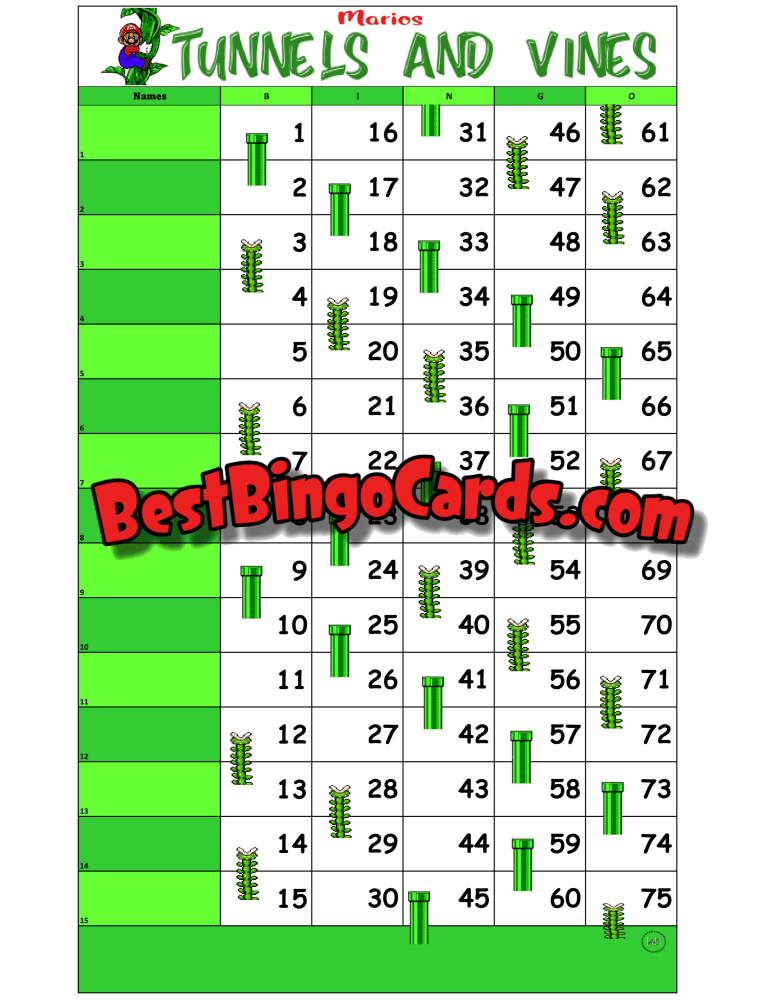 Bingo Boards 1-15 Lines - Tunnels And Vines Straight Mixed 75 Ball Sets