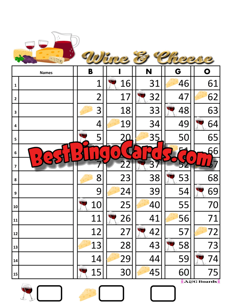 Bingo Boards 1-15 Lines - Wine And Cheese Straight Mixed 75 Ball Sets
