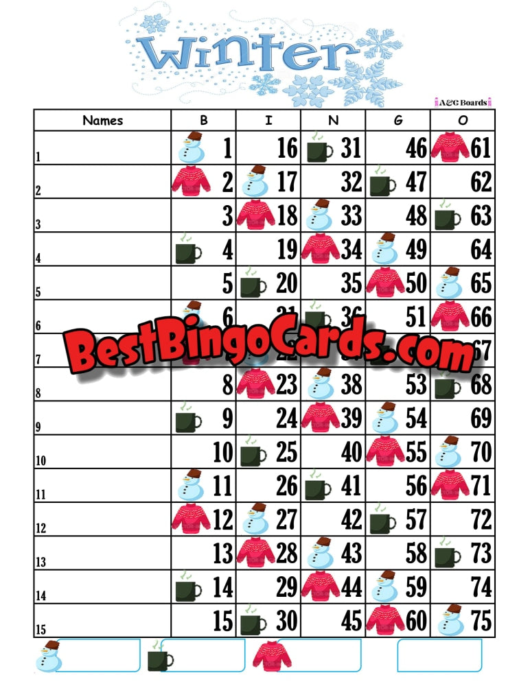 Bingo Boards 1-15 Lines - Winter Straight Mixed (Houdini) 75 Ball Sets