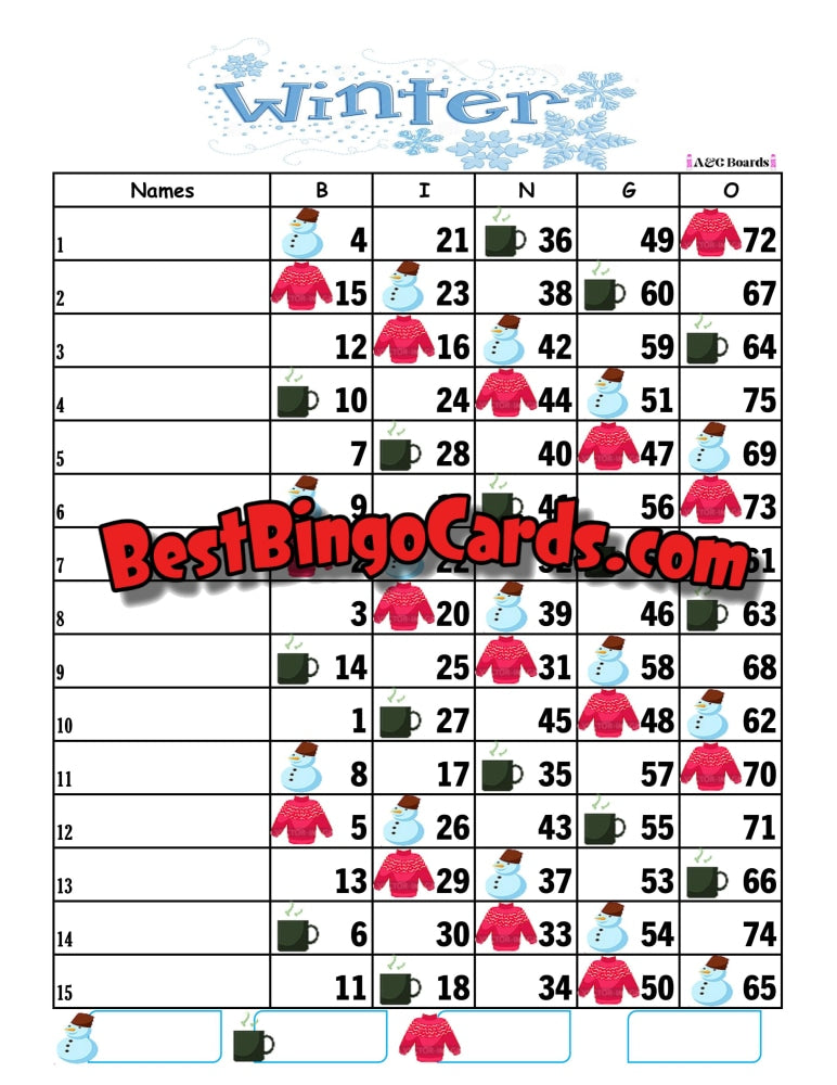 Bingo Boards 1-15 Lines - Winter Straight Mixed (Houdini) 75 Ball Sets