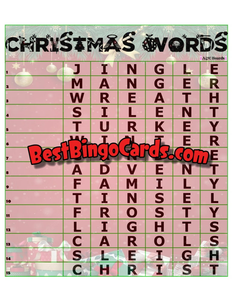 Bingo Boards 1-15 Lines Word - Christmas Words Sets