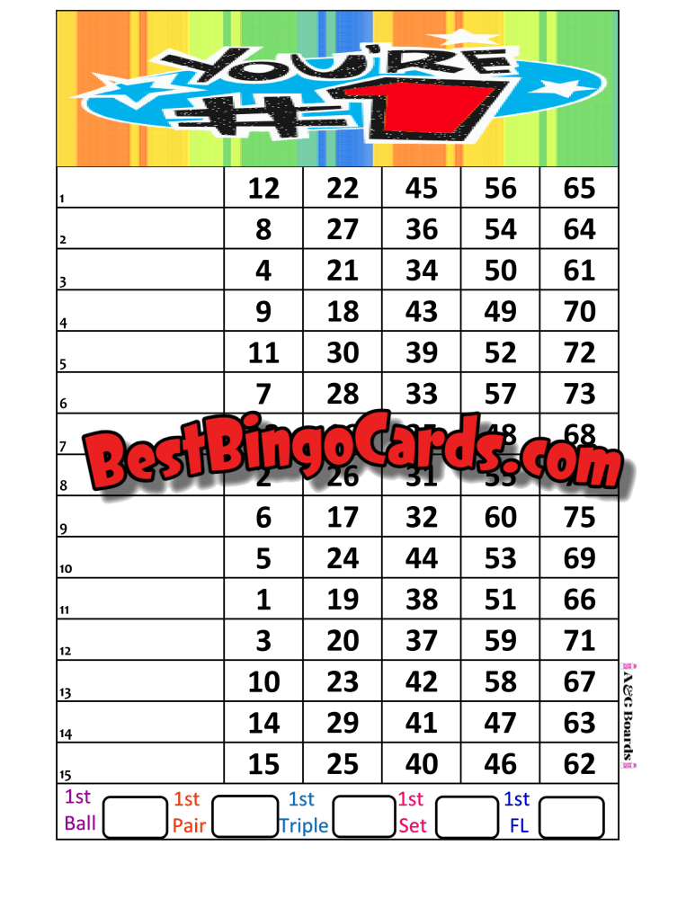 Bingo Boards 1-15 Lines - Youre Number One Straight Mixed 75 Ball Sets