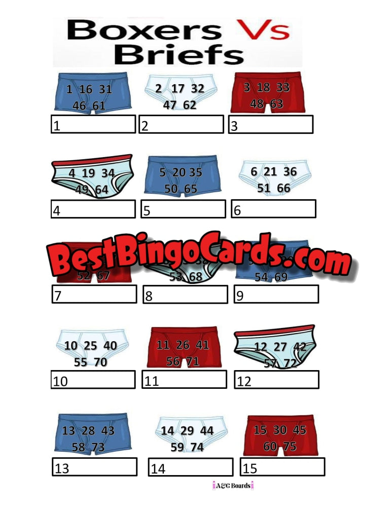 Bingo Boards 1-15 Player Picture - Boxers Vs Briefs Straight Mixed 75 Ball Sets