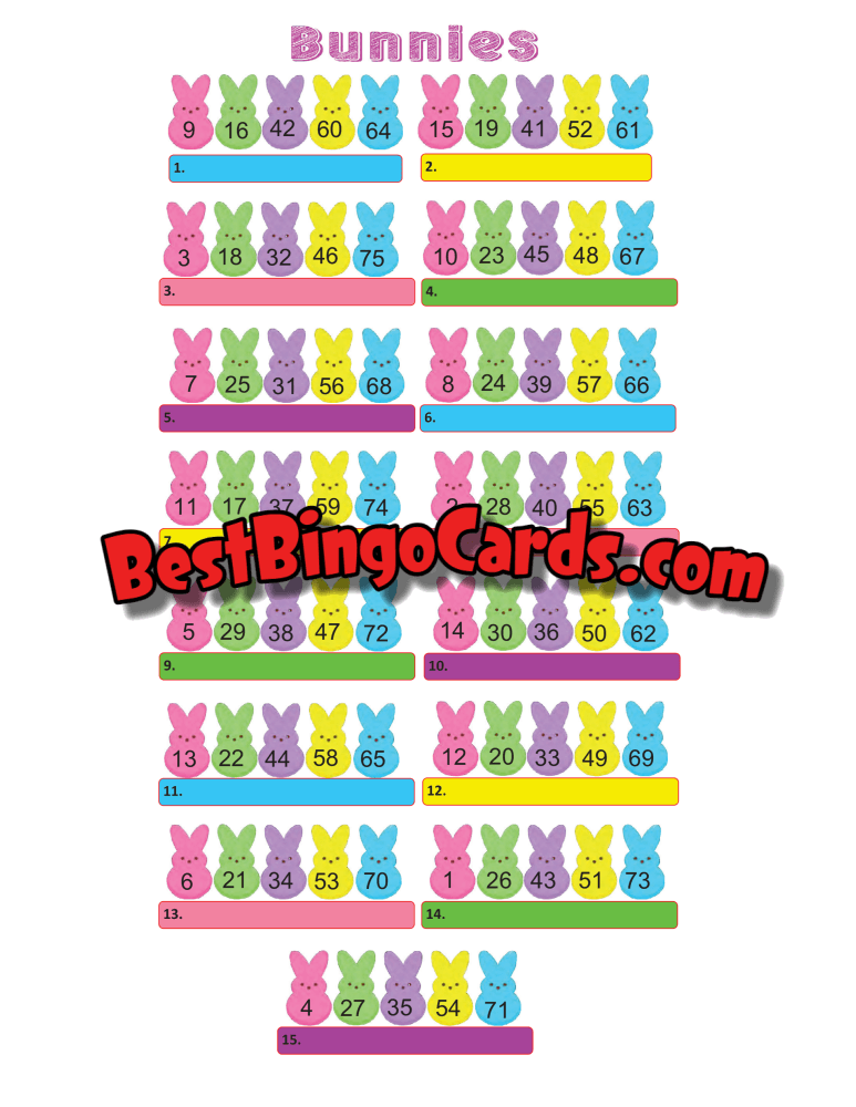 Bingo Boards 1-15 Player Picture - Bunnies Straight Mixed 75 Ball Sets