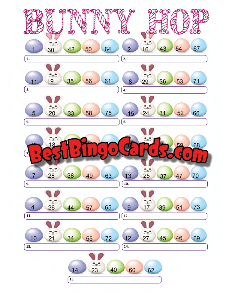 Bingo Boards 1-15 Player Picture - Bunny Hop Straight Mixed 75 Ball Sets