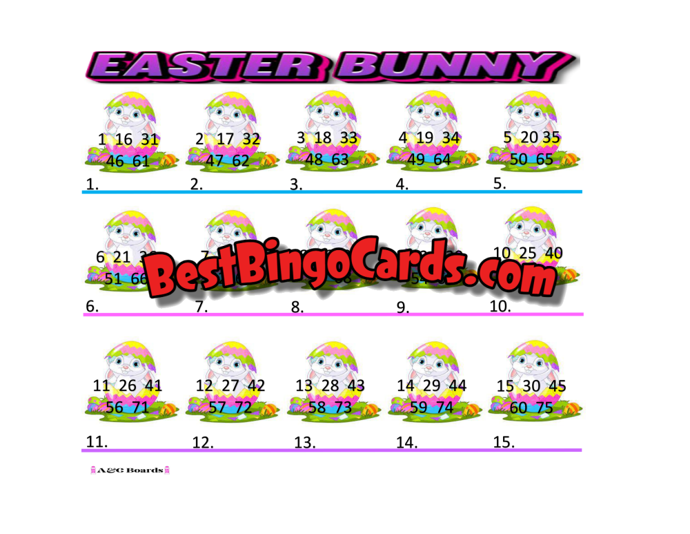 Bingo Boards 1-15 Player Picture - Easter Bunny Straight Mixed 75 Ball Sets