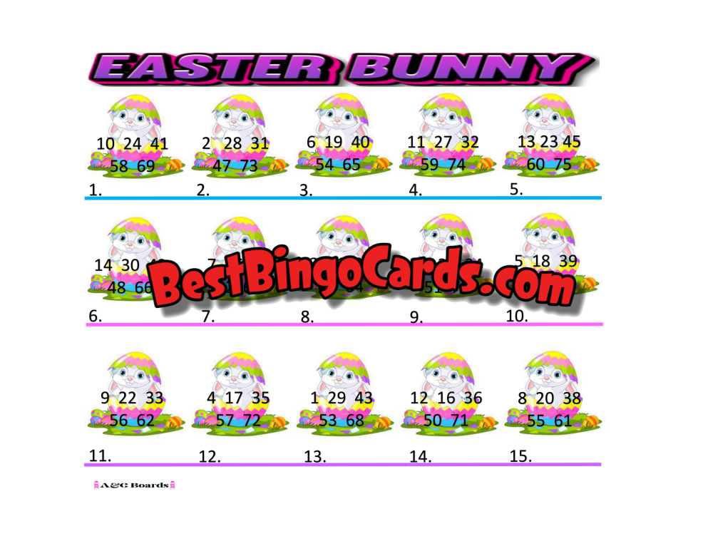 Bingo Boards 1-15 Player Picture - Easter Bunny Straight Mixed 75 Ball Sets