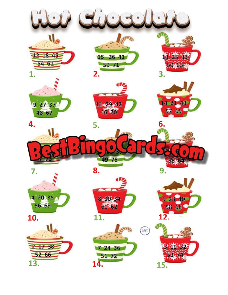 Bingo Boards 1-15 Player Picture - Hot Chocolate Straight Mixed 75 Ball Sets