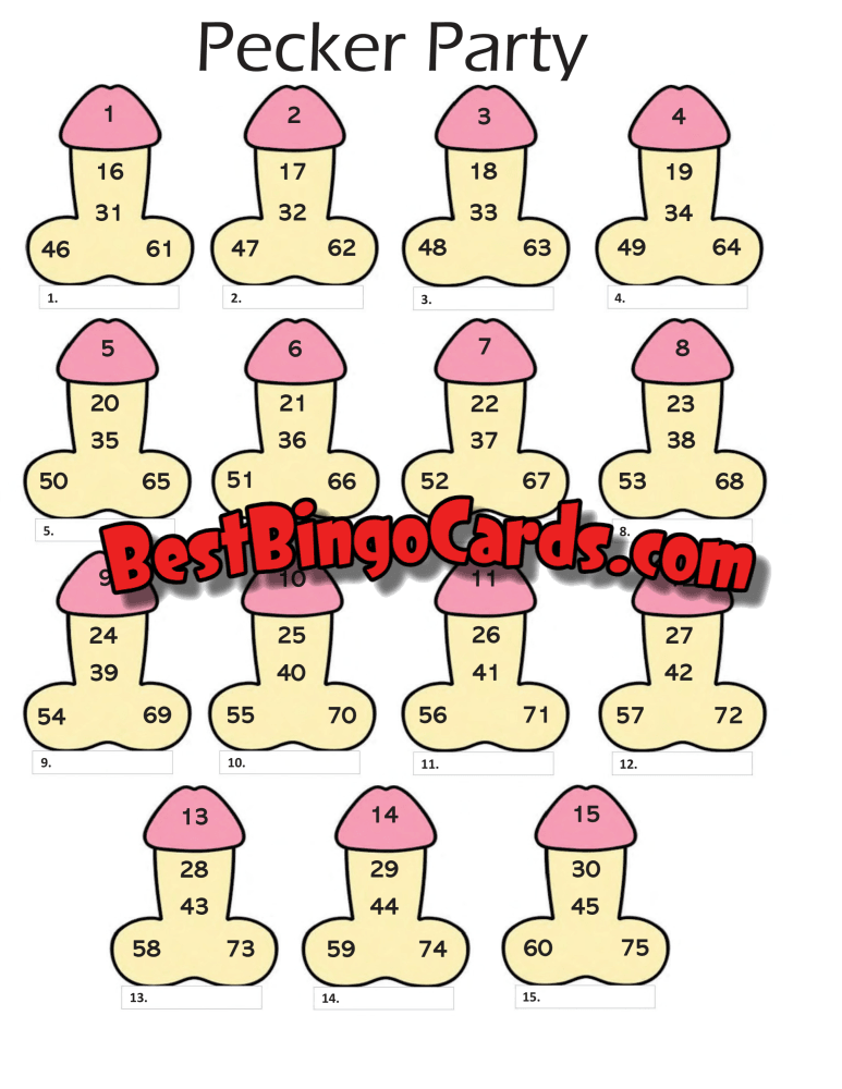 Bingo Boards 1-15 Player Picture - Pecker Party Straight Mixed 75 Ball Sets