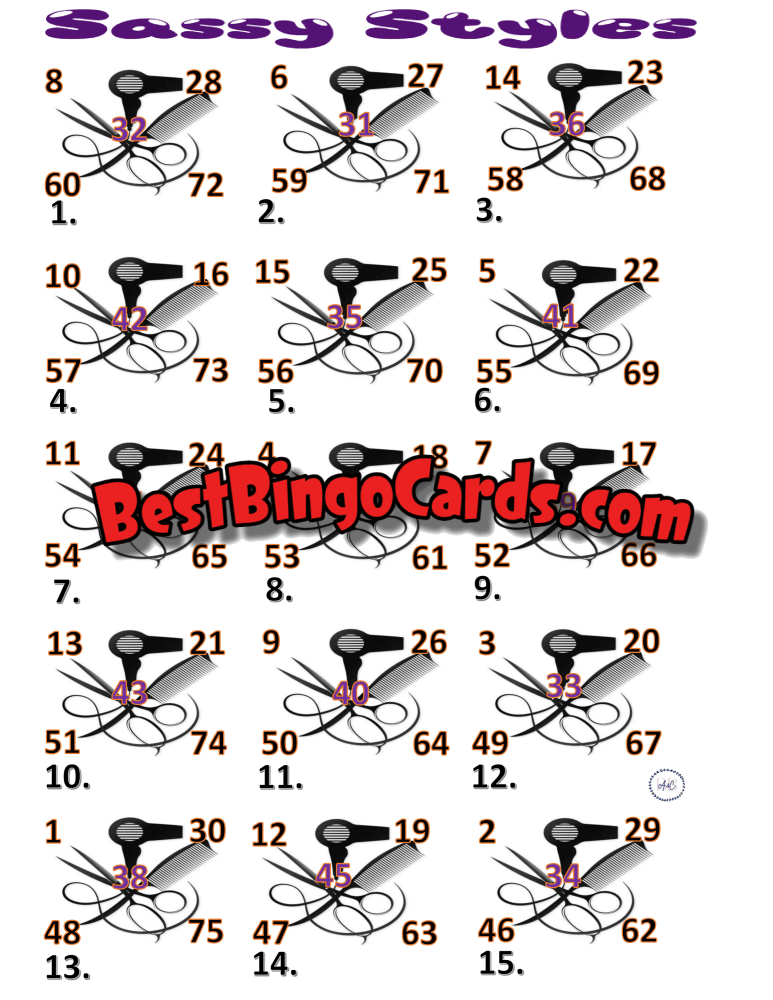 Bingo Boards 1-15 Player Picture - Sassy Styles Straight Mixed 75 Ball Sets