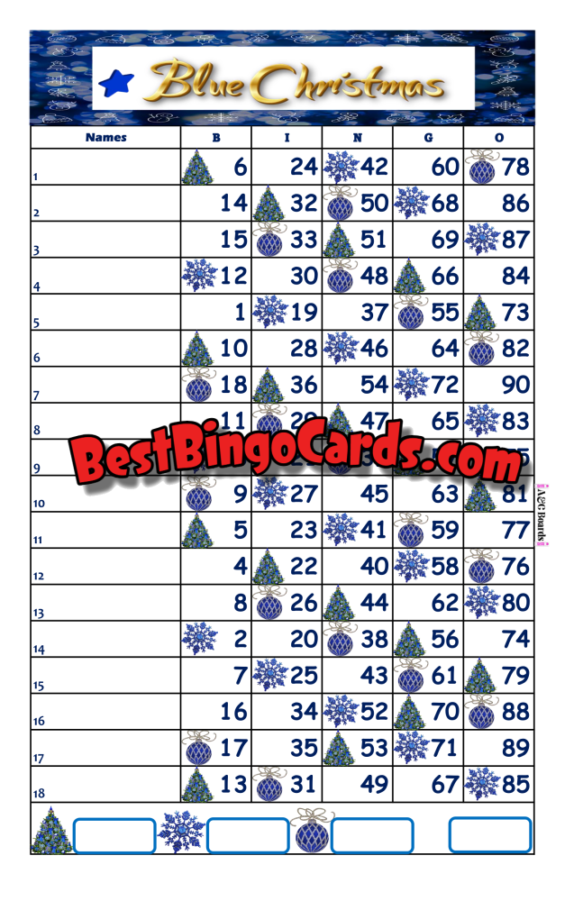 Bingo Boards 1-18 Line - Blue Christmas Straight Mixed 90 Ball Sets