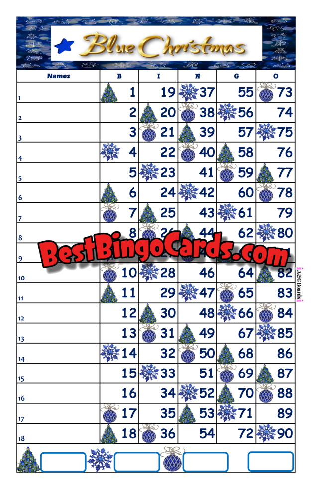 Bingo Boards 1-18 Line - Blue Christmas Straight Mixed 90 Ball Sets
