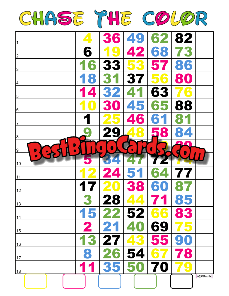 Bingo Boards 1-18 Line - Chase The Color Straight Mixed 90 Ball Sets