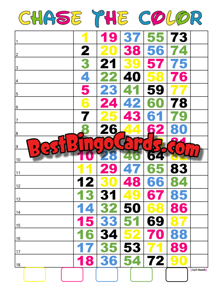 Bingo Boards 1-18 Line - Chase The Color Straight Mixed 90 Ball Sets