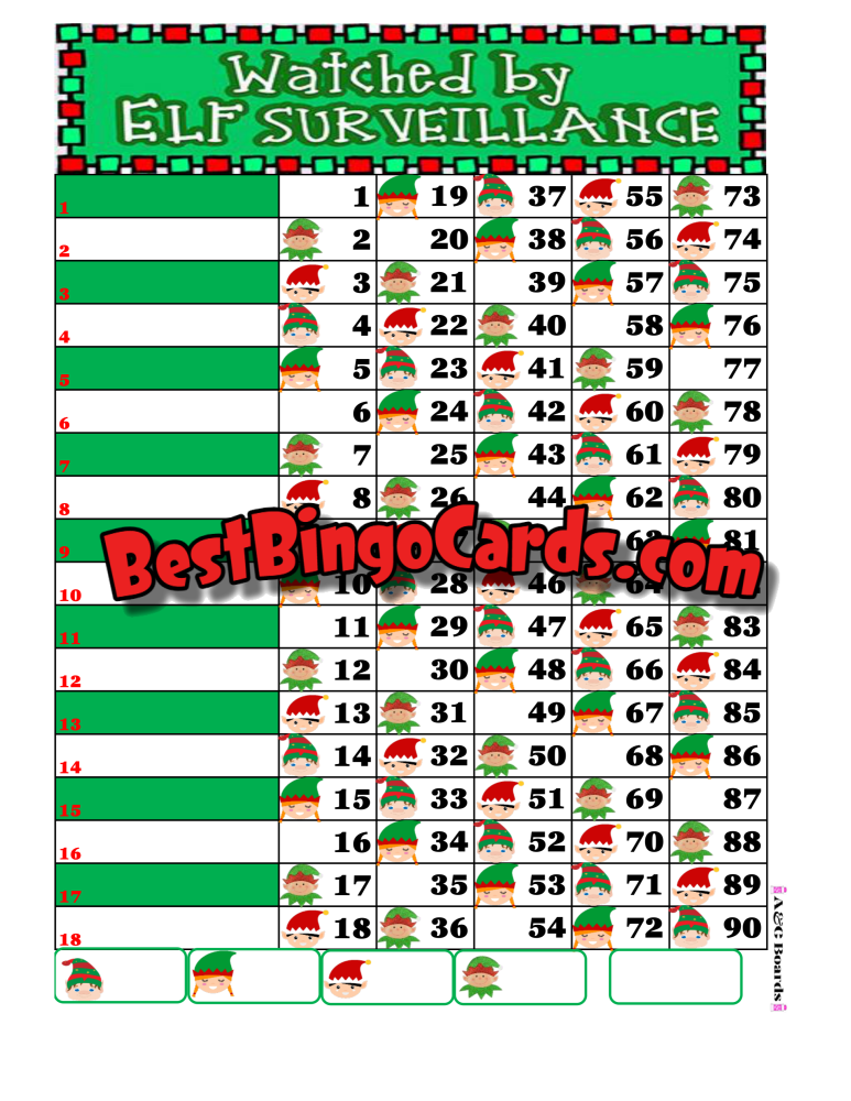 Bingo Boards 1-18 Line - Elf Surveillance Straight Mixed 90 Ball Sets