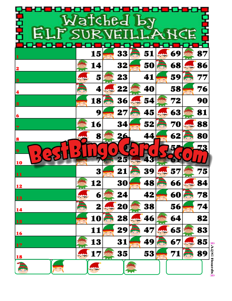 Bingo Boards 1-18 Line - Elf Surveillance Straight Mixed 90 Ball Sets