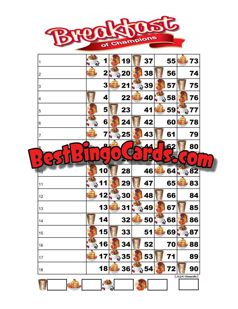 Bingo Boards 1-18 Lines - Breakfast Of Champions Straight Mixed 90 Ball Sets
