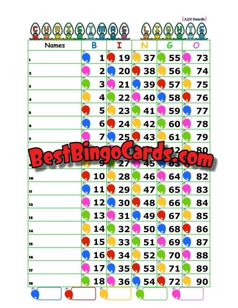 Bingo Boards 1-18 Lines - Christmas Lights Straight And Mixed 90 Ball Sets