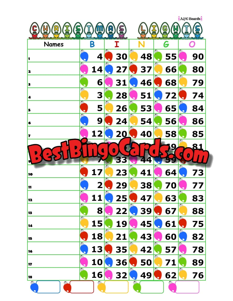 Bingo Boards 1-18 Lines - Christmas Lights Straight And Mixed 90 Ball Sets