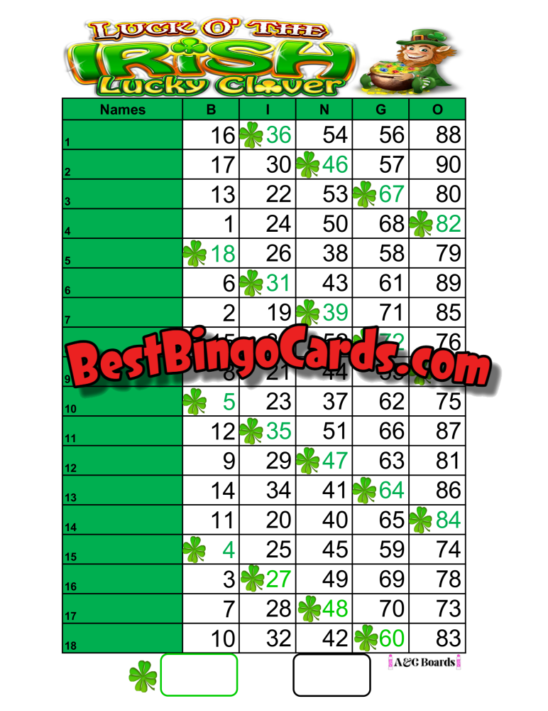 Bingo Boards 1-18 Lines - Clover Straight Mixed 90 Ball Sets
